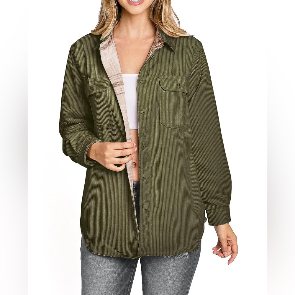 LOVE TREE Reversible Corduroy Plaid Flannel Shacket Overshirt Olive Cream Size M